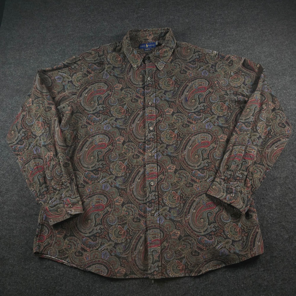 Ralph Lauren Corduroy Paisley Button Down Shirt Classic Fit Brown Boho Men's XXL